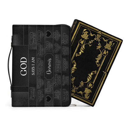 CHRISTIANARTBAG Personalized Bible Cover - Custom Name "God Says I Am" Bible Case - Black Faux Leather Journal Protector with Shoulder Strap for Women & Men CAB01041526