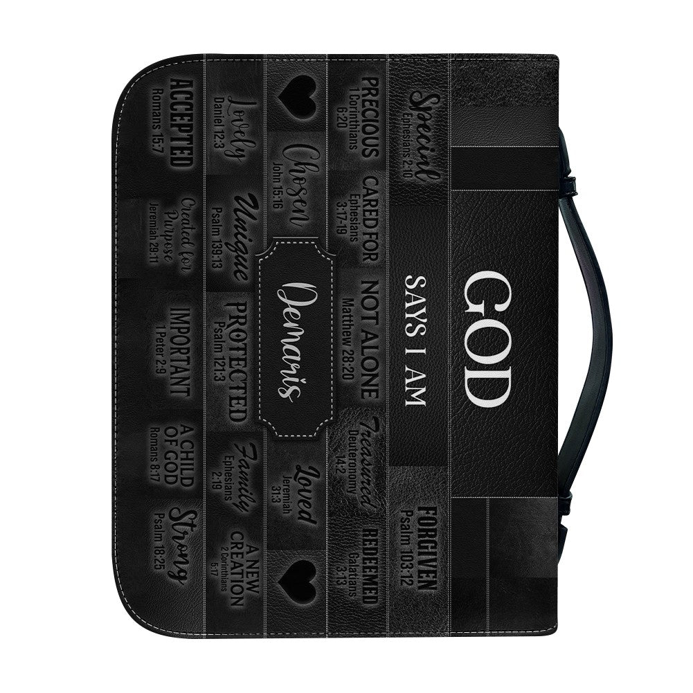 CHRISTIANARTBAG Personalized Bible Cover - Custom Name "God Says I Am" Bible Case - Black Faux Leather Journal Protector with Shoulder Strap for Women & Men CAB01041526