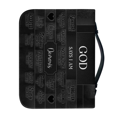 CHRISTIANARTBAG Personalized Bible Cover - Custom Name "God Says I Am" Bible Case - Black Faux Leather Journal Protector with Shoulder Strap for Women & Men CAB01041526