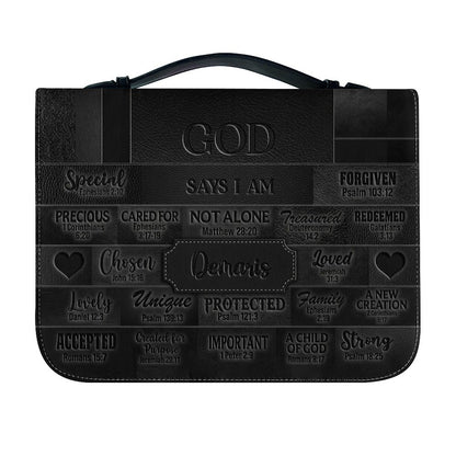 CHRISTIANARTBAG Personalized Bible Cover - Custom Name "God Says I Am" Bible Case - Black Faux Leather Journal Protector with Shoulder Strap for Women & Men CAB01041526