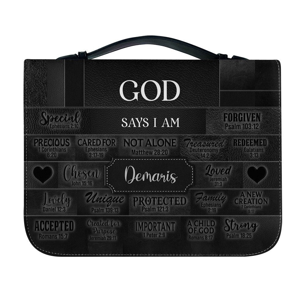 CHRISTIANARTBAG Personalized Bible Cover - Custom Name "God Says I Am" Bible Case - Black Faux Leather Journal Protector with Shoulder Strap for Women & Men CAB01041526
