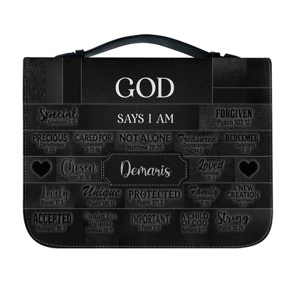 CHRISTIANARTBAG Personalized Bible Cover - Custom Name "God Says I Am" Bible Case - Black Faux Leather Journal Protector with Shoulder Strap for Women & Men CAB01041526