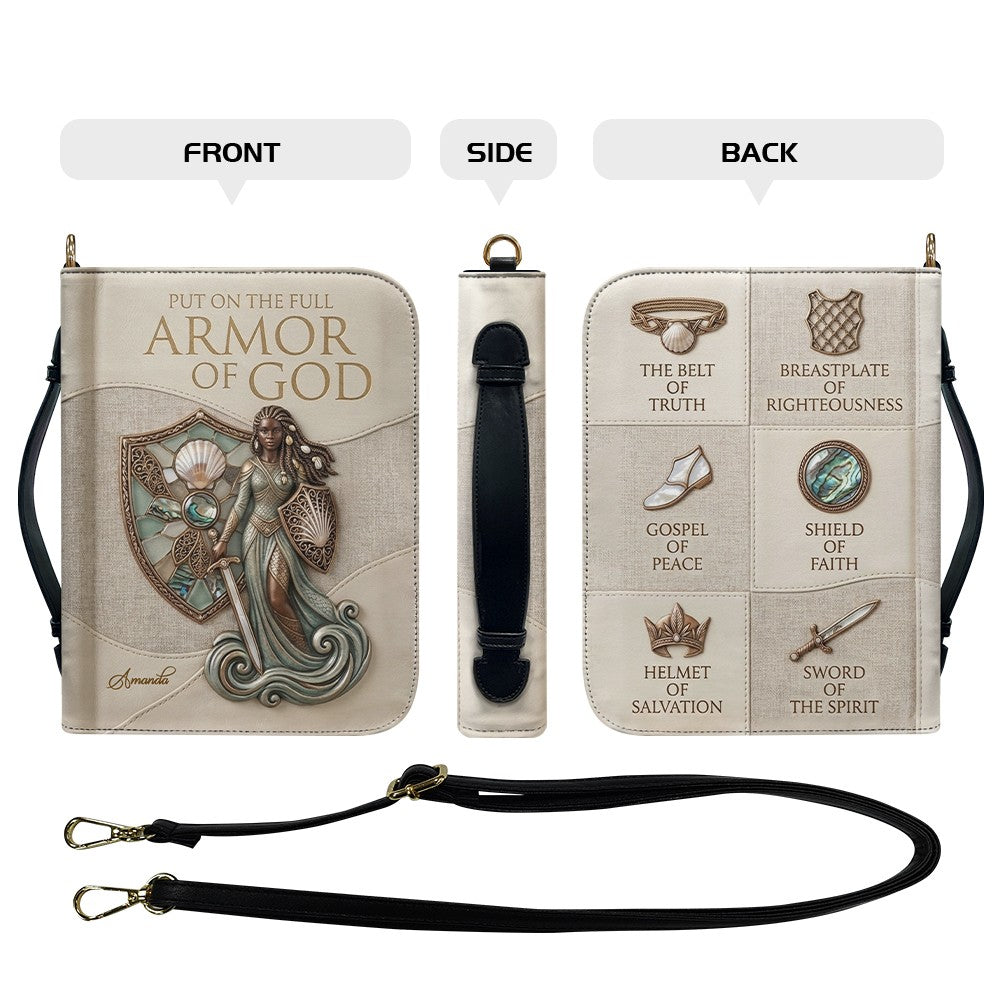 Personalized Leather Bible Cover Featuring Full Armor of God Design with Custom Name and Shoulder Strap by CHRISTIANARTBAG CAB016426