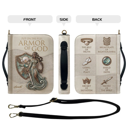 Personalized Leather Bible Cover Featuring Full Armor of God Design with Custom Name and Shoulder Strap by CHRISTIANARTBAG CAB016426