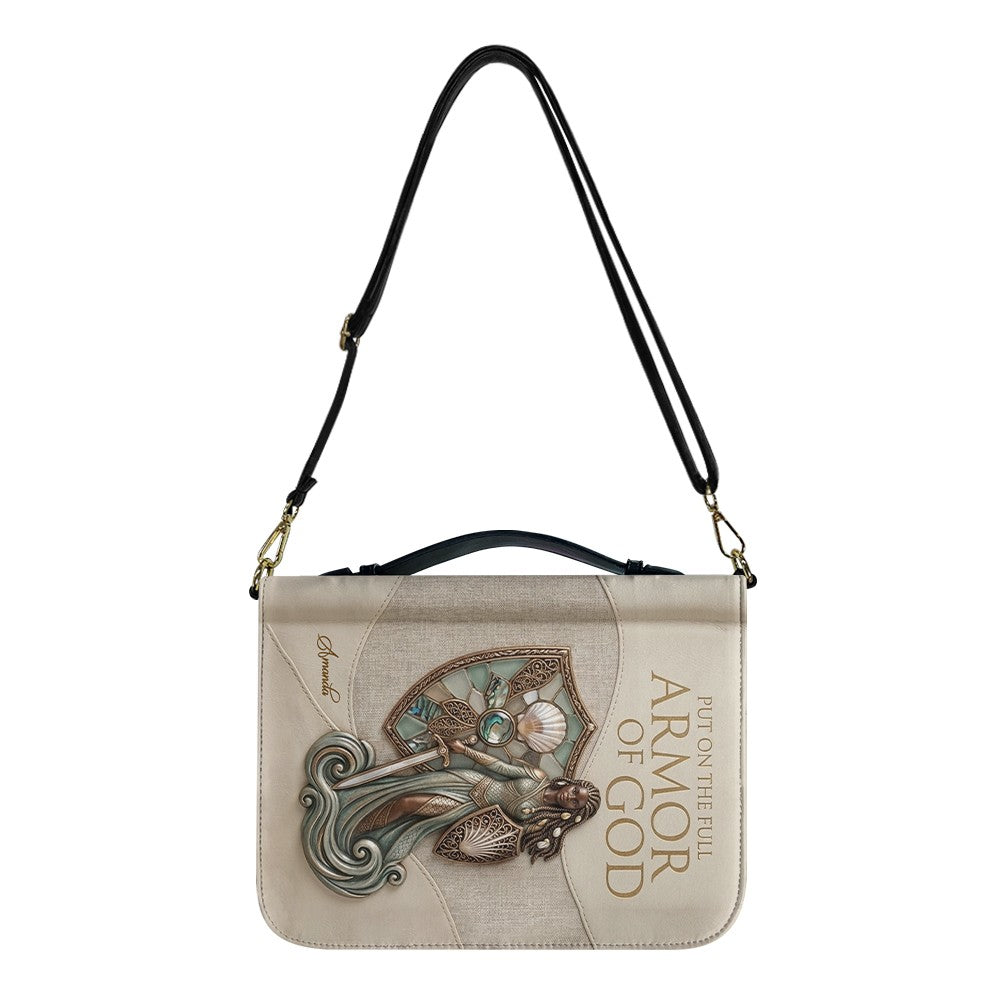 Personalized Leather Bible Cover Featuring Full Armor of God Design with Custom Name and Shoulder Strap by CHRISTIANARTBAG CAB016426