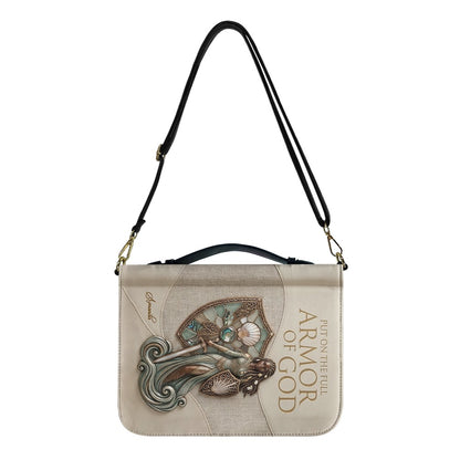 Personalized Leather Bible Cover Featuring Full Armor of God Design with Custom Name and Shoulder Strap by CHRISTIANARTBAG CAB016426