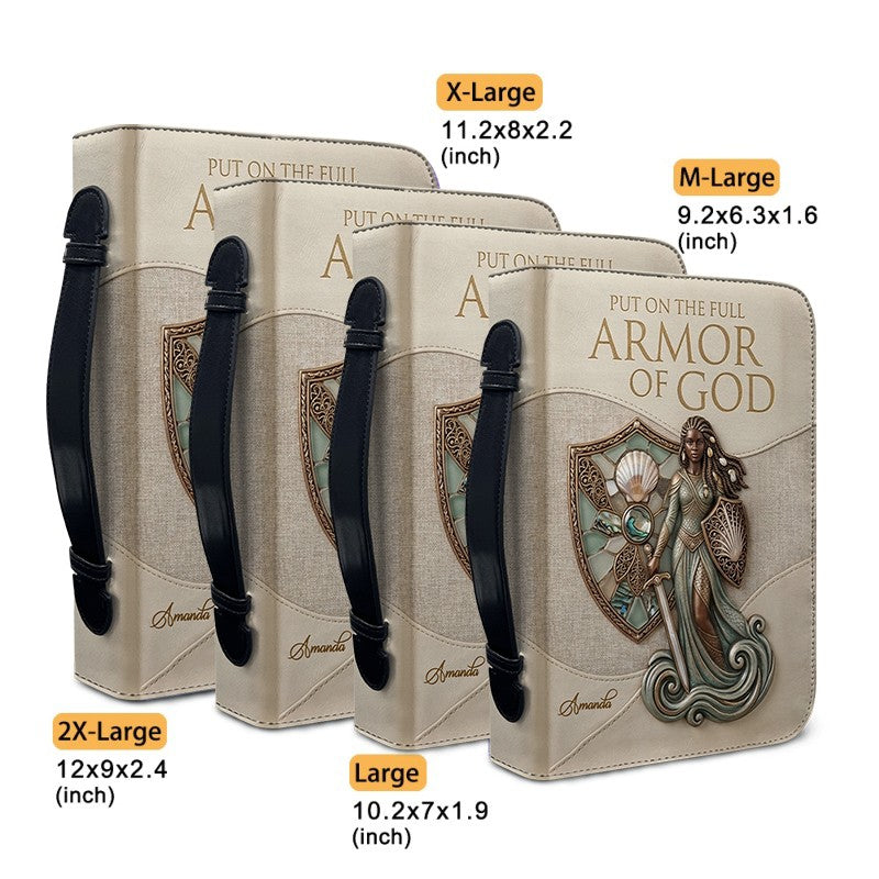 Personalized Leather Bible Cover Featuring Full Armor of God Design with Custom Name and Shoulder Strap by CHRISTIANARTBAG CAB016426