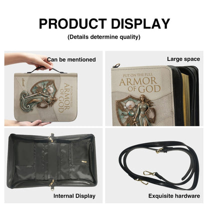 Personalized Leather Bible Cover Featuring Full Armor of God Design with Custom Name and Shoulder Strap by CHRISTIANARTBAG CAB016426