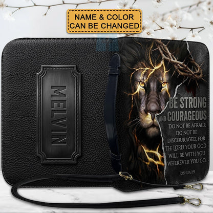 Personalized Lion Bible Cover with Name - Be Strong and Courageous Custom Leather Bible Carrying Bag Case for Men - CHRISTIANARTBAG 01081826