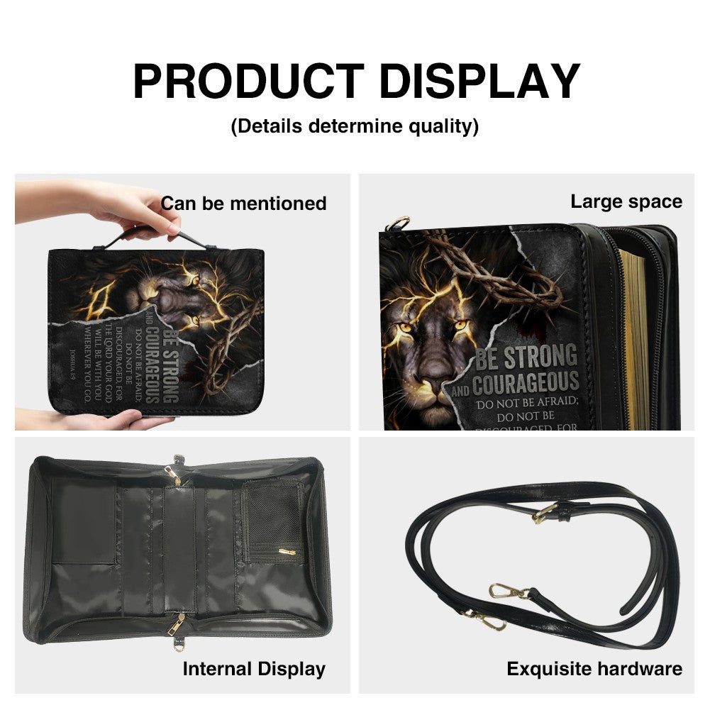 Personalized Lion Bible Cover with Name - Be Strong and Courageous Custom Leather Bible Carrying Bag Case for Men - CHRISTIANARTBAG 01081826