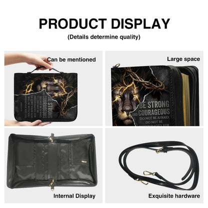Personalized Lion Bible Cover with Name - Be Strong and Courageous Custom Leather Bible Carrying Bag Case for Men - CHRISTIANARTBAG 01081826
