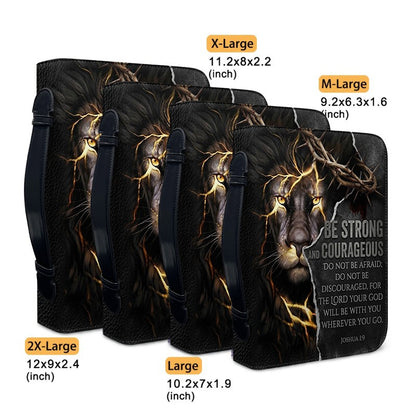 Personalized Lion Bible Cover with Name - Be Strong and Courageous Custom Leather Bible Carrying Bag Case for Men - CHRISTIANARTBAG 01081826