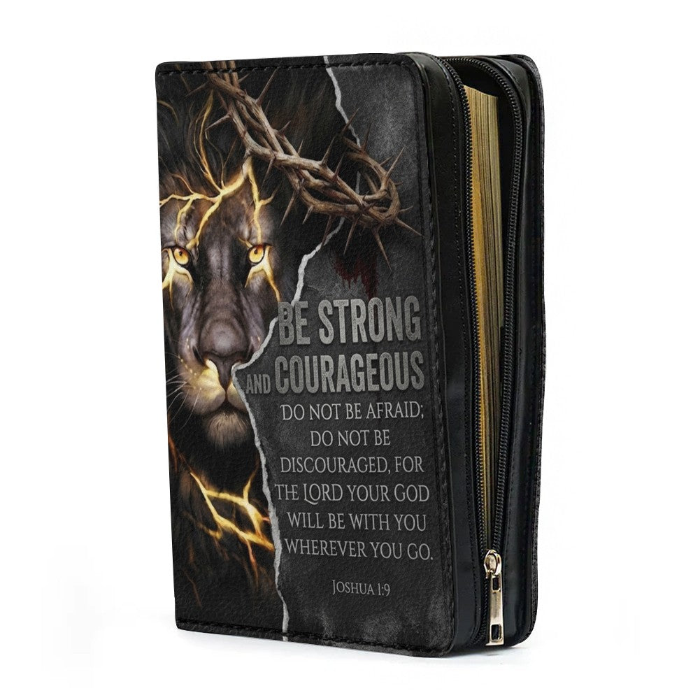 Personalized Lion Bible Cover with Name - Be Strong and Courageous Custom Leather Bible Carrying Bag Case for Men - CHRISTIANARTBAG 01081826