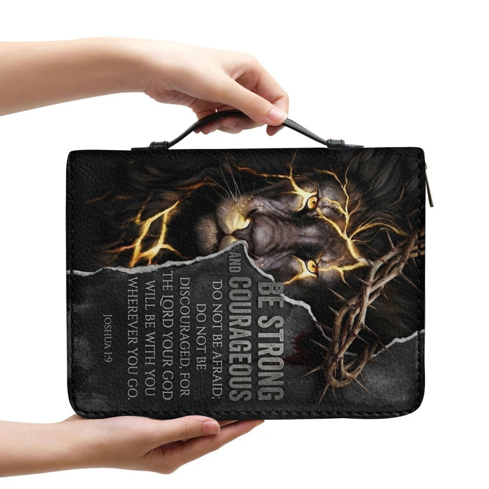 Personalized Lion Bible Cover with Name - Be Strong and Courageous Custom Leather Bible Carrying Bag Case for Men - CHRISTIANARTBAG 01081826