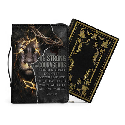 Personalized Lion Bible Cover with Name - Be Strong and Courageous Custom Leather Bible Carrying Bag Case for Men - CHRISTIANARTBAG 01081826