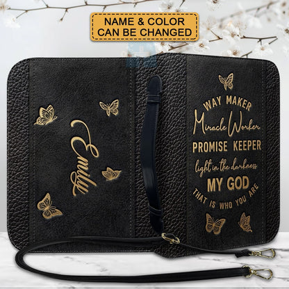 Personalized Leather Bible Cover with Strap & Handle – Way Maker Miracle Worker Custom Name & Scripture Butterfly Bible Case for Women – CHRISTIANARTBAG 01082126