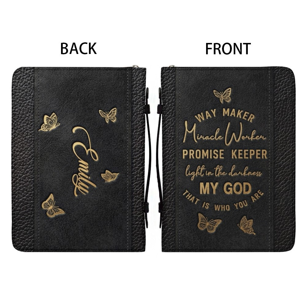 Personalized Leather Bible Cover with Strap & Handle – Way Maker Miracle Worker Custom Name & Scripture Butterfly Bible Case for Women – CHRISTIANARTBAG 01082126