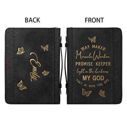 Personalized Leather Bible Cover with Strap & Handle – Way Maker Miracle Worker Custom Name & Scripture Butterfly Bible Case for Women – CHRISTIANARTBAG 01082126