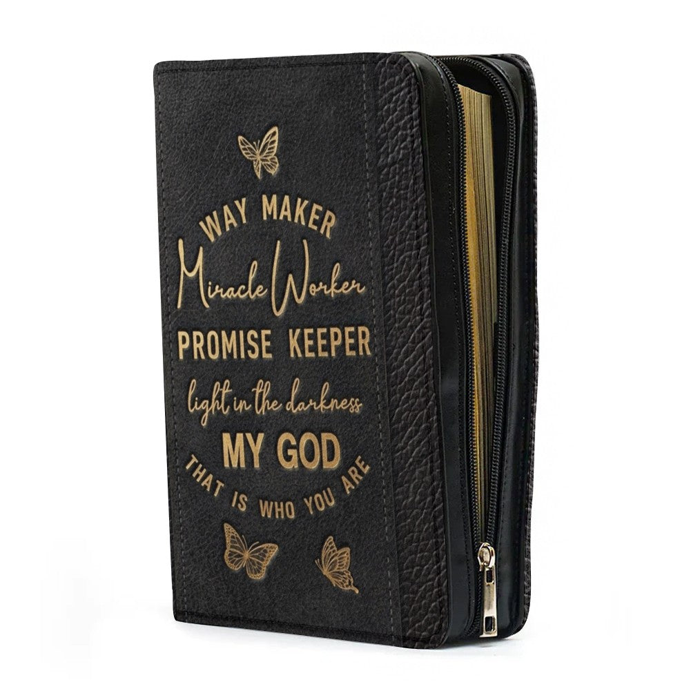 Personalized Leather Bible Cover with Strap & Handle – Way Maker Miracle Worker Custom Name & Scripture Butterfly Bible Case for Women – CHRISTIANARTBAG 01082126