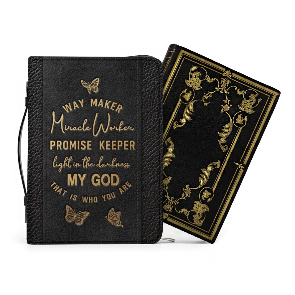 Personalized Leather Bible Cover with Strap & Handle – Way Maker Miracle Worker Custom Name & Scripture Butterfly Bible Case for Women – CHRISTIANARTBAG 01082126