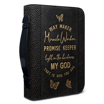 Personalized Leather Bible Cover with Strap & Handle – Way Maker Miracle Worker Custom Name & Scripture Butterfly Bible Case for Women – CHRISTIANARTBAG 01082126