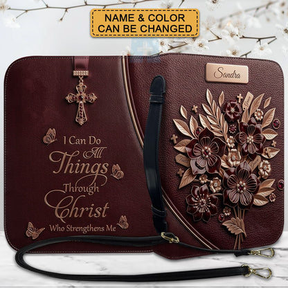 Personalized Bible Cover Case with Handle & Strap, Custom Leather Bible Bag with Name & Scripture - CHRISTIANARTBAG 01080226
