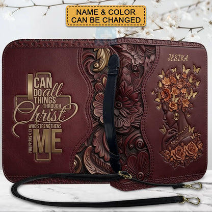 Personalized Leather Bible Cover with Strap - "I Can Do All Things Through Christ" Philippians 4:13, Custom Name Floral Artwork Case by CHRISTIANARTBAG 01082426
