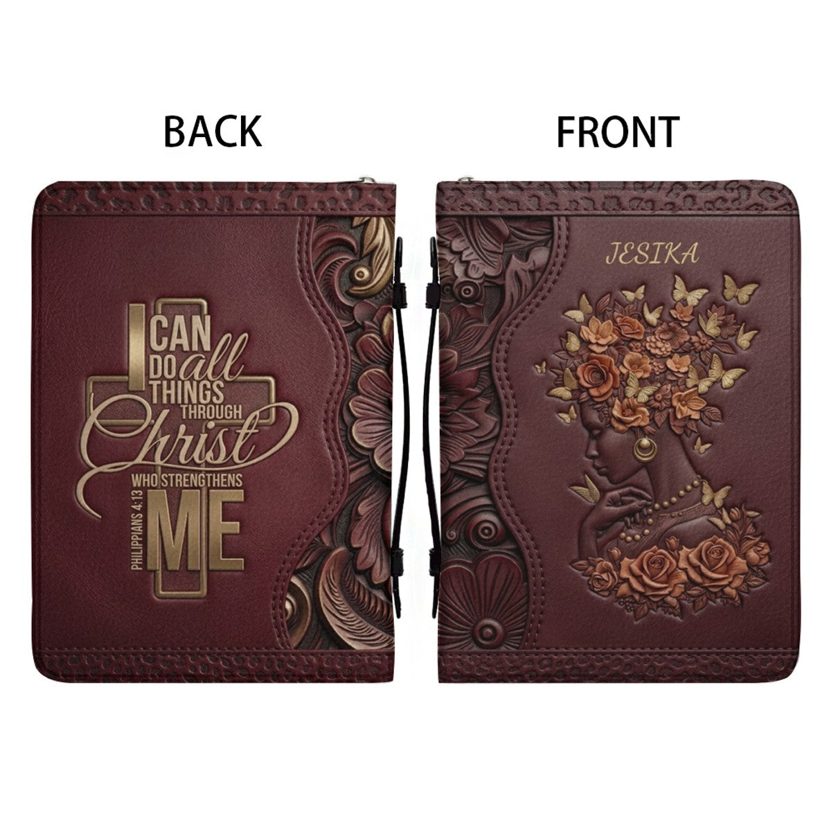 Personalized Leather Bible Cover with Strap - "I Can Do All Things Through Christ" Philippians 4:13, Custom Name Floral Artwork Case by CHRISTIANARTBAG 01082426