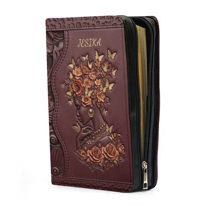Personalized Leather Bible Cover with Strap - "I Can Do All Things Through Christ" Philippians 4:13, Custom Name Floral Artwork Case by CHRISTIANARTBAG 01082426