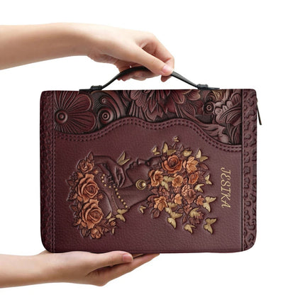 Personalized Leather Bible Cover with Strap - "I Can Do All Things Through Christ" Philippians 4:13, Custom Name Floral Artwork Case by CHRISTIANARTBAG 01082426