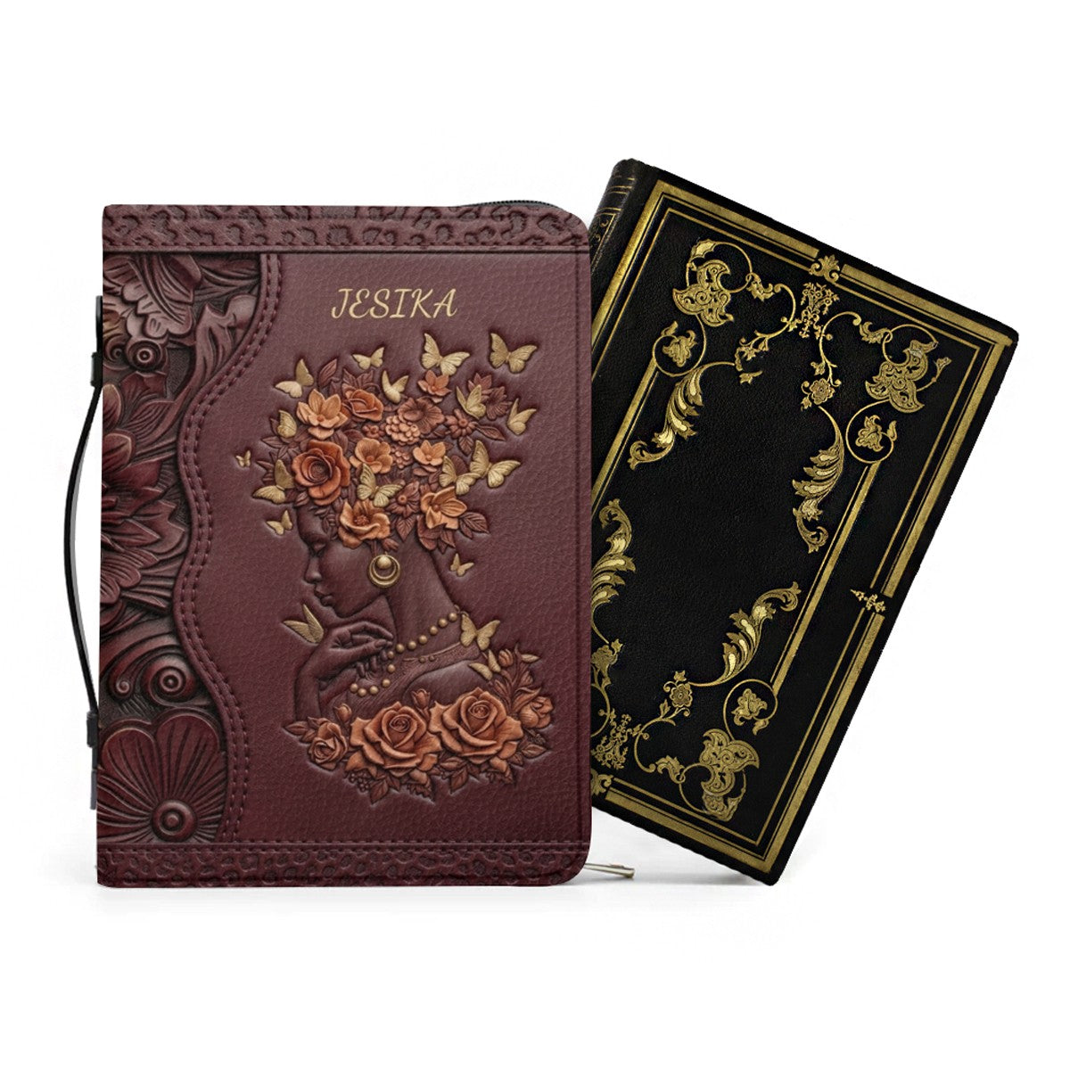 Personalized Leather Bible Cover with Strap - "I Can Do All Things Through Christ" Philippians 4:13, Custom Name Floral Artwork Case by CHRISTIANARTBAG 01082426