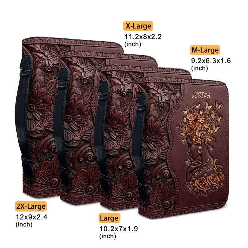 Personalized Leather Bible Cover with Strap - "I Can Do All Things Through Christ" Philippians 4:13, Custom Name Floral Artwork Case by CHRISTIANARTBAG 01082426