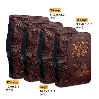 Personalized Leather Bible Cover with Strap - "I Can Do All Things Through Christ" Philippians 4:13, Custom Name Floral Artwork Case by CHRISTIANARTBAG 01082426