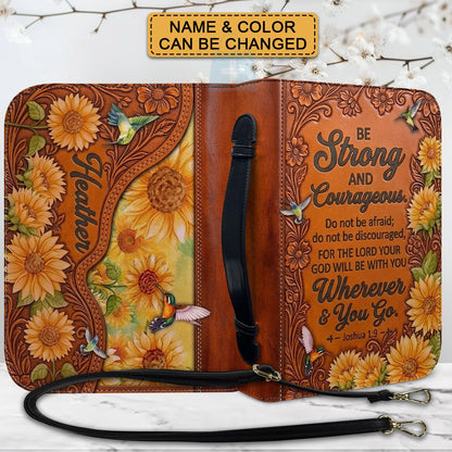 Personalized Bible Cover with Name & Verse - Sunflower Hummingbird Leather Bible Case, Be Strong Joshua 1:9 Christian Gift - CHRISTIANARTBAG 01082326