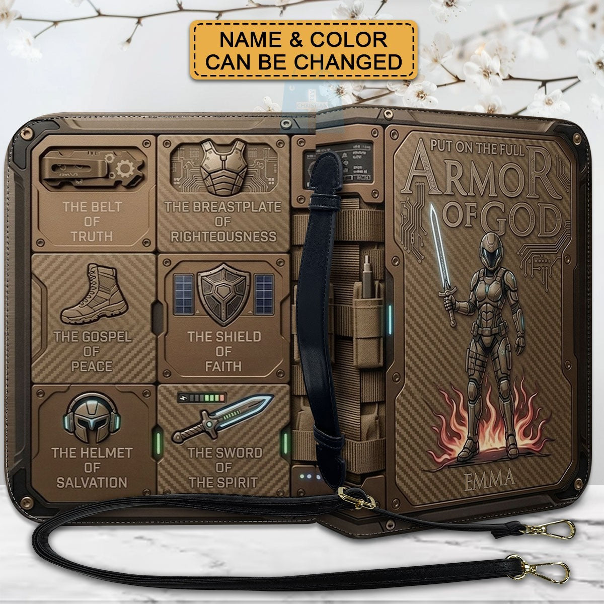 CHRISTIANARTBAG Personalized Bible Cover for Women - Custom Leather Bible Case with Handle & Zipper, Luxury Christian Gifts for Her, Floral Armor of God Protective Book Sleeve CAB01061526