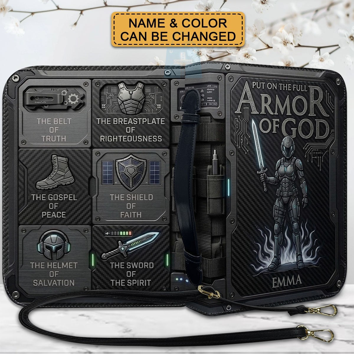 CHRISTIANARTBAG Personalized Bible Cover for Women - Custom Leather Bible Case with Handle & Zipper, Luxury Christian Gifts for Her, Floral Armor of God Protective Book Sleeve CAB01061526