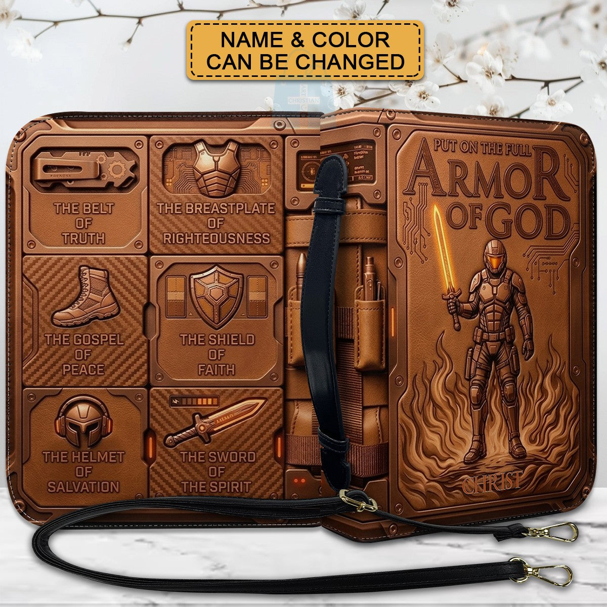 Personalized Bible Cover Armor of God | Custom Name Leather Bible Case with Handle | Christian Gift for Men Women | CHRISTIANARTBAG CAB01060926