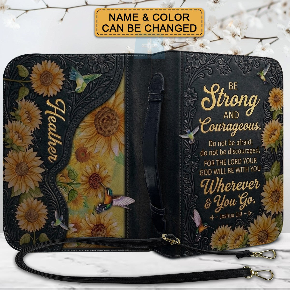 Personalized Bible Cover with Name & Verse - Sunflower Hummingbird Leather Bible Case, Be Strong Joshua 1:9 Christian Gift - CHRISTIANARTBAG 01082326