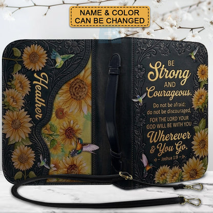 Personalized Bible Cover with Name & Verse - Sunflower Hummingbird Leather Bible Case, Be Strong Joshua 1:9 Christian Gift - CHRISTIANARTBAG 01082326