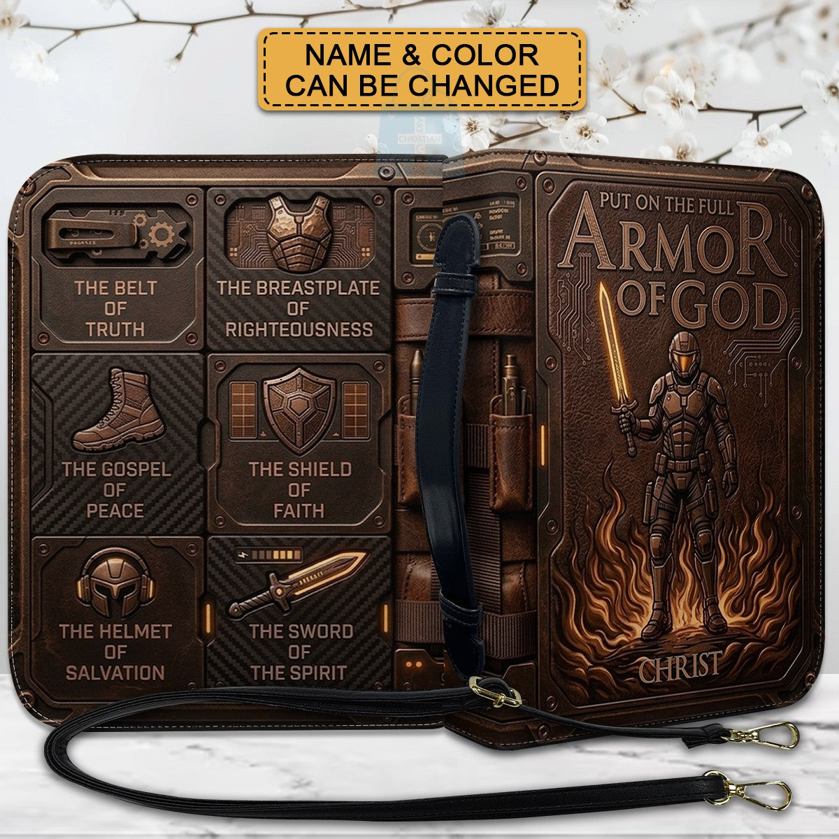 Personalized Bible Cover Armor of God | Custom Name Leather Bible Case with Handle | Christian Gift for Men Women | CHRISTIANARTBAG CAB01060926