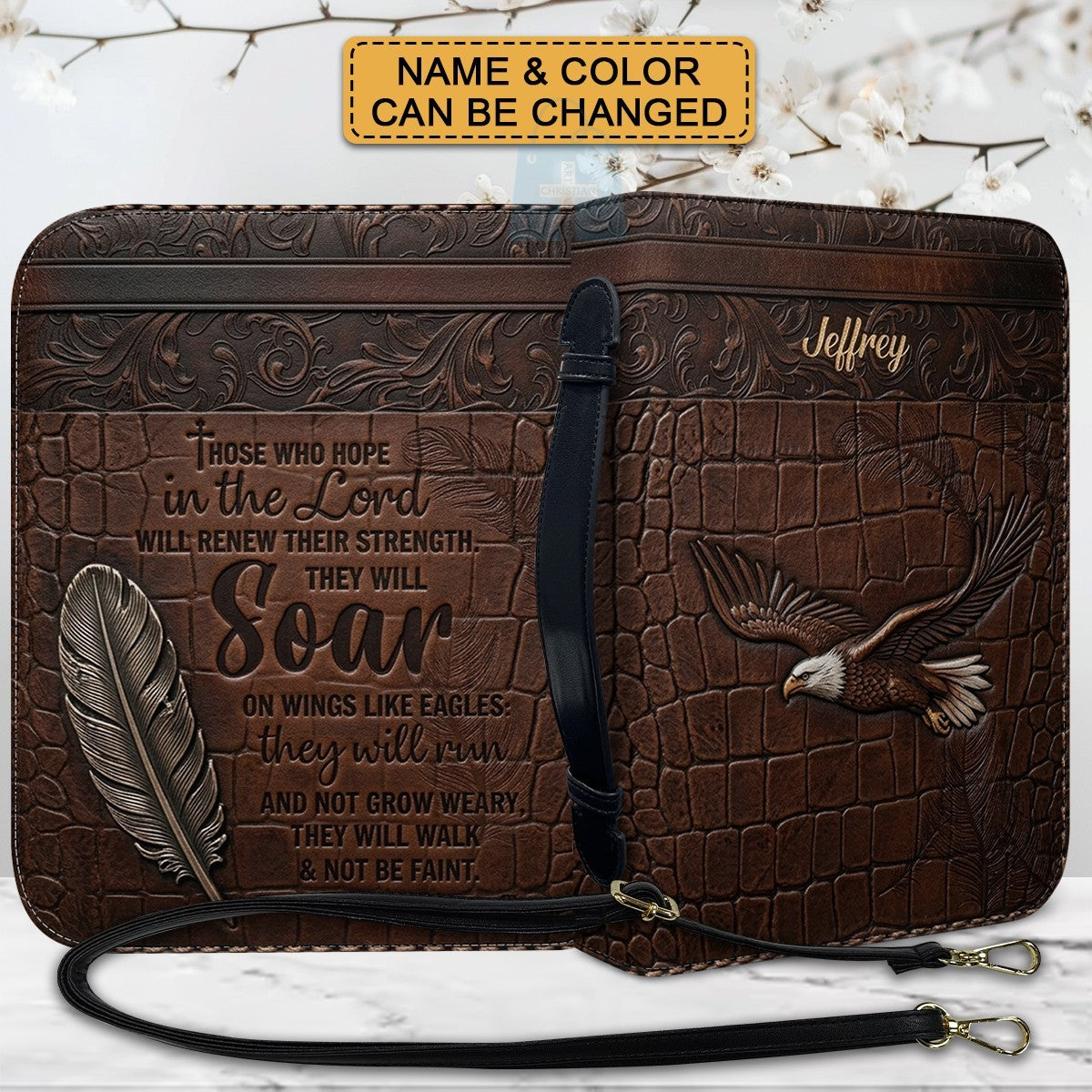 Personalized Bible Cover with Strap by CHRISTIANARTBAG - Custom Engraved Name & Isaiah 40:31 Eagle Design