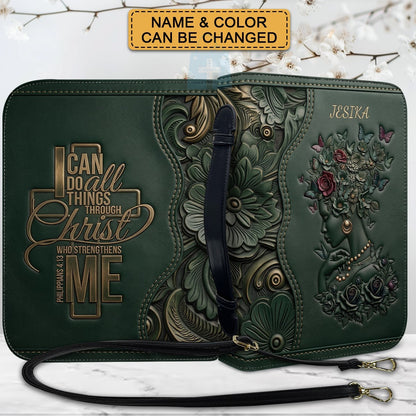 Personalized Leather Bible Cover with Strap - "I Can Do All Things Through Christ" Philippians 4:13, Custom Name Floral Artwork Case by CHRISTIANARTBAG 01082426