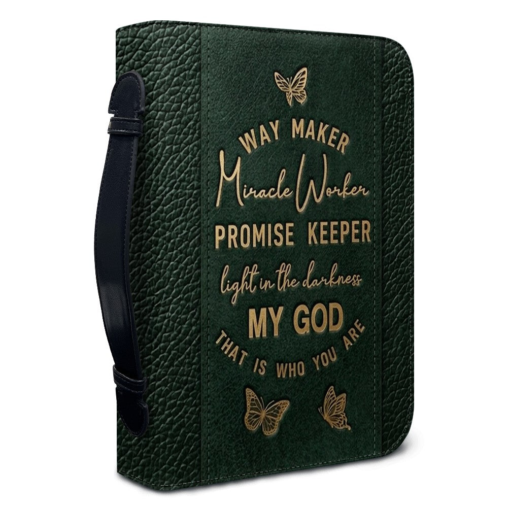 Personalized Leather Bible Cover with Strap & Handle – Way Maker Miracle Worker Custom Name & Scripture Butterfly Bible Case for Women – CHRISTIANARTBAG 01082126