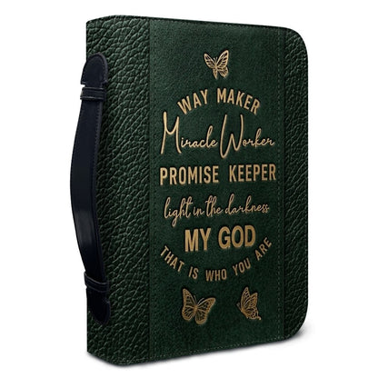 Personalized Leather Bible Cover with Strap & Handle – Way Maker Miracle Worker Custom Name & Scripture Butterfly Bible Case for Women – CHRISTIANARTBAG 01082126