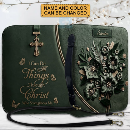 Personalized Bible Cover Case with Handle & Strap, Custom Leather Bible Bag with Name & Scripture - CHRISTIANARTBAG 01080226