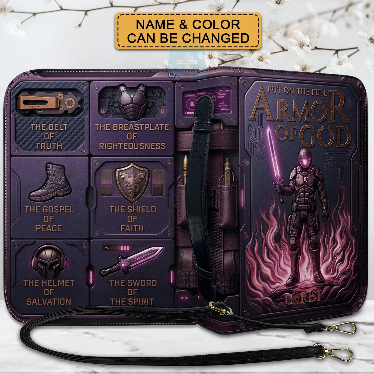 Personalized Bible Cover Armor of God | Custom Name Leather Bible Case with Handle | Christian Gift for Men Women | CHRISTIANARTBAG CAB01060926