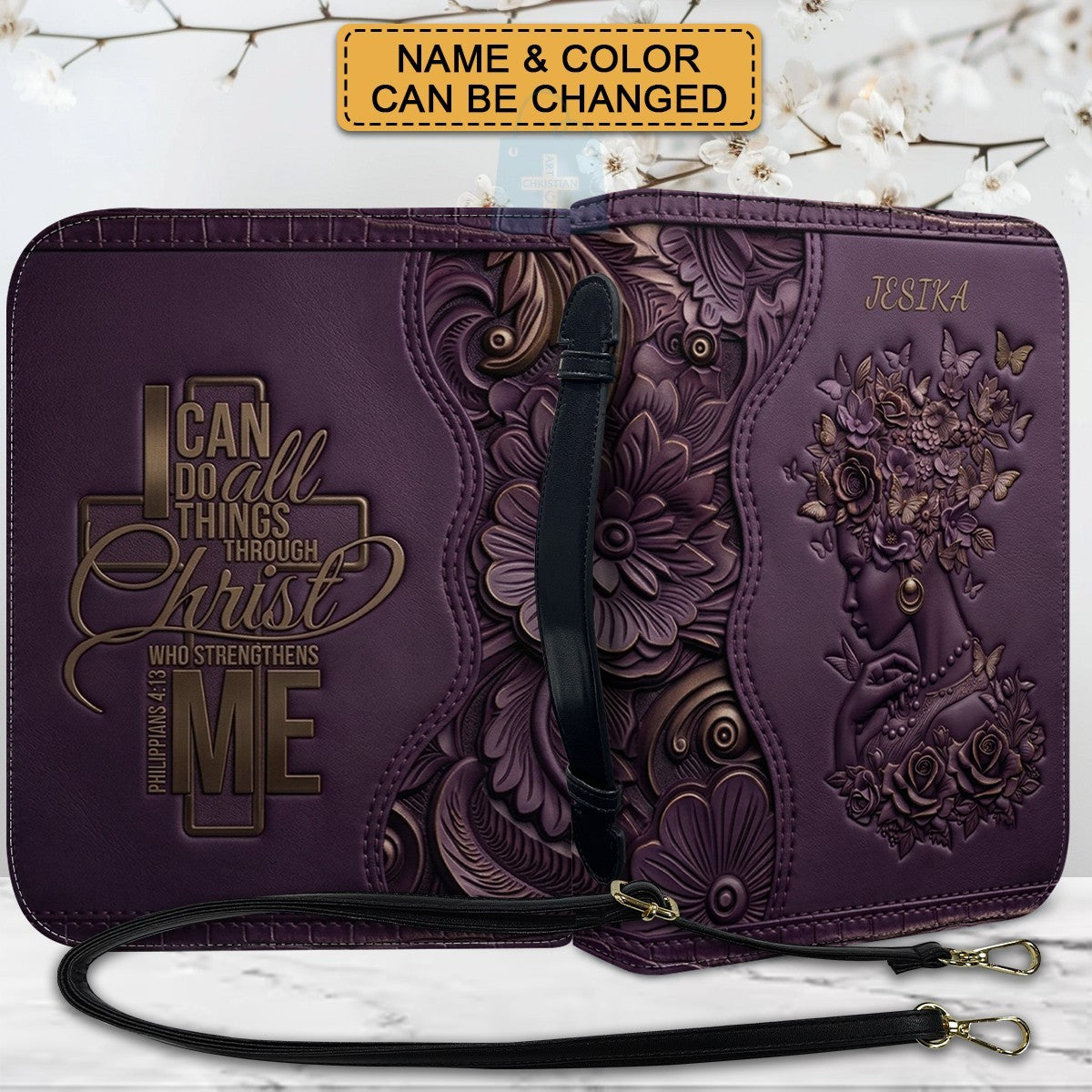Personalized Leather Bible Cover with Strap - "I Can Do All Things Through Christ" Philippians 4:13, Custom Name Floral Artwork Case by CHRISTIANARTBAG 01082426