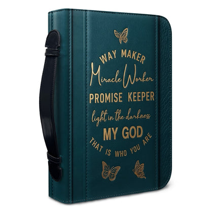 Personalized Leather Bible Cover with Strap & Handle – Way Maker Miracle Worker Custom Name & Scripture Butterfly Bible Case for Women – CHRISTIANARTBAG 01082126
