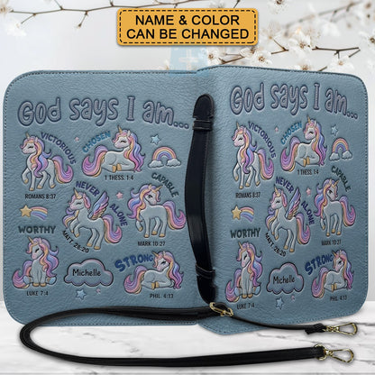 Personalized Bible Cover Carrying Bag with Handle & Strap, God Says I Am Unicorn Custom Name Bible Case - CHRISTIANARTBAG 01092426
