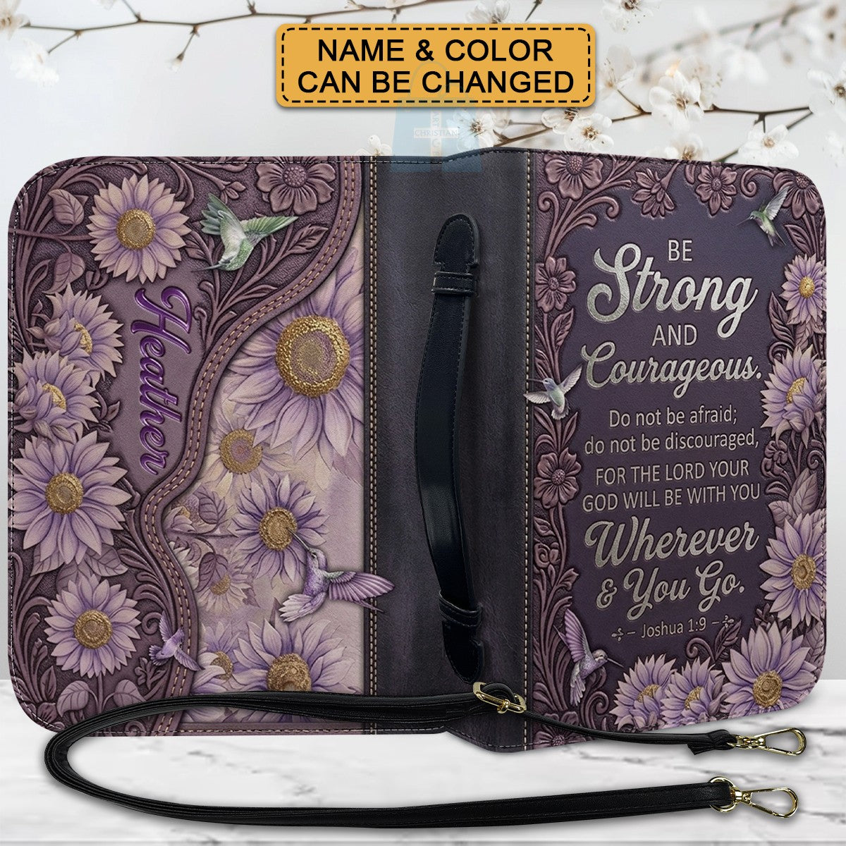 Personalized Bible Cover with Name & Verse - Sunflower Hummingbird Leather Bible Case, Be Strong Joshua 1:9 Christian Gift - CHRISTIANARTBAG 01082326